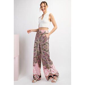 Heavy Satin Pink Jewel & Mixed Tone Paisley Palazzo Pants - Size L